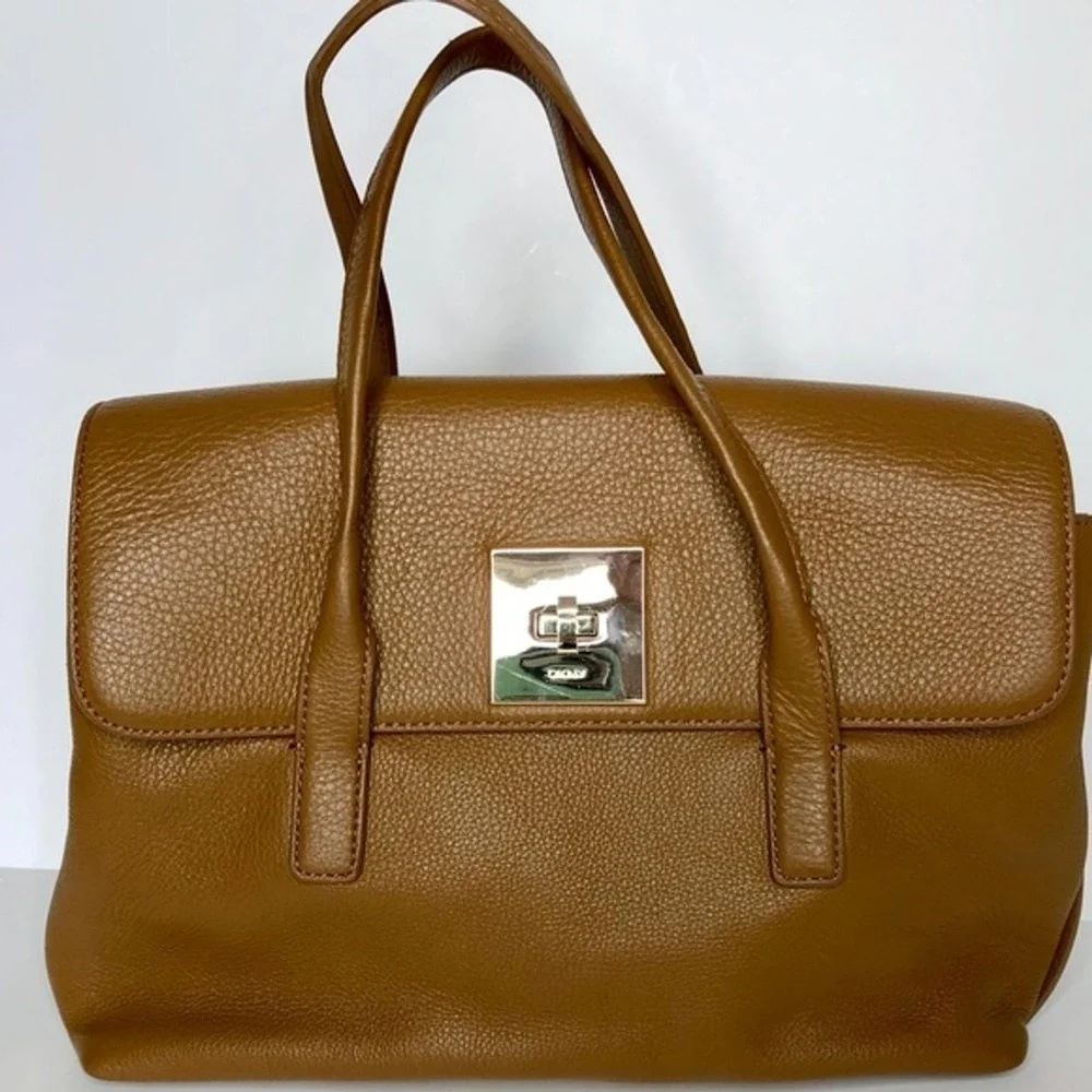 DKNY Tan Leather Doctor Satchel Handbag Black Trim Silver Turn-lock Closure
